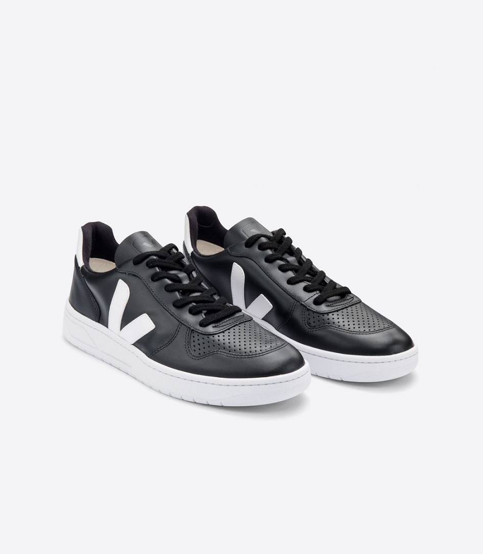 Black White White-Sole Women's Veja V-10 Leather Trainers | 86354-HWVI