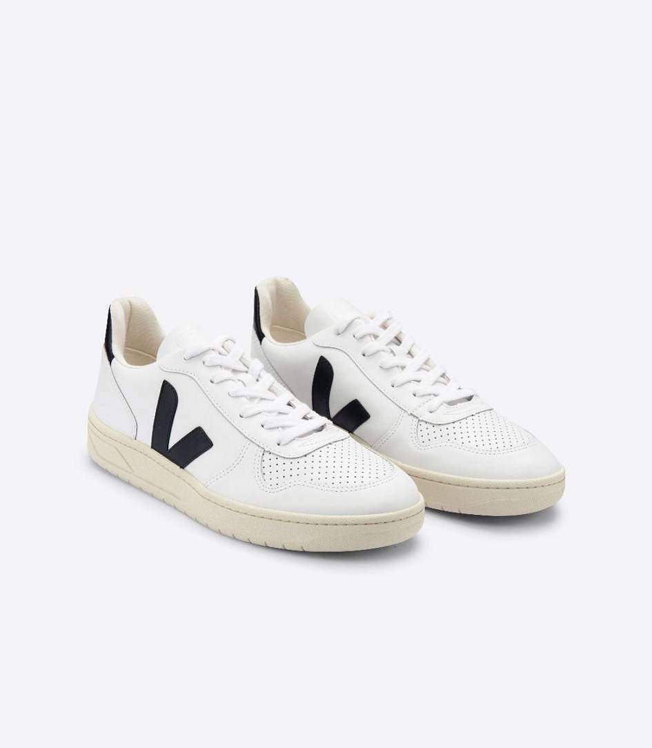 White Black Women's Veja V-10 Leather Sneakers | 74150-PUIF