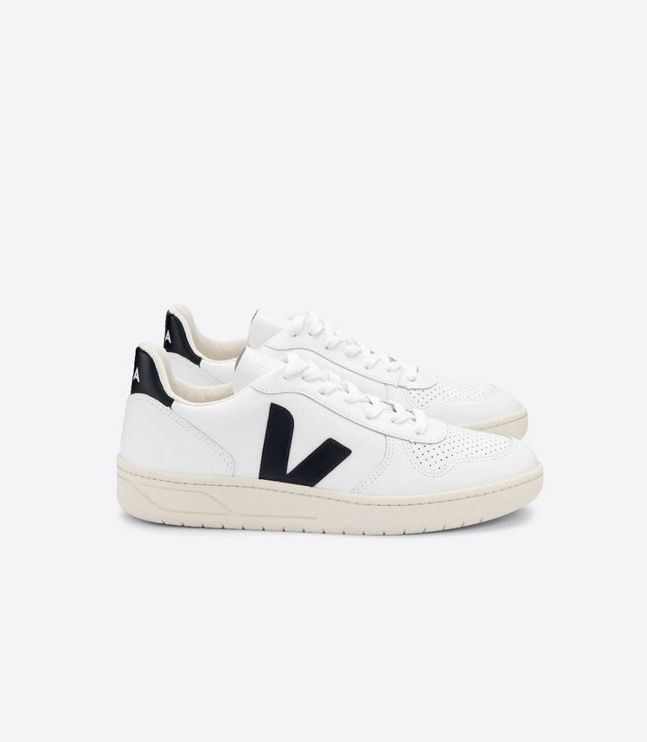 White Black Women\'s Veja V-10 Leather Sneakers | 74150-PUIF