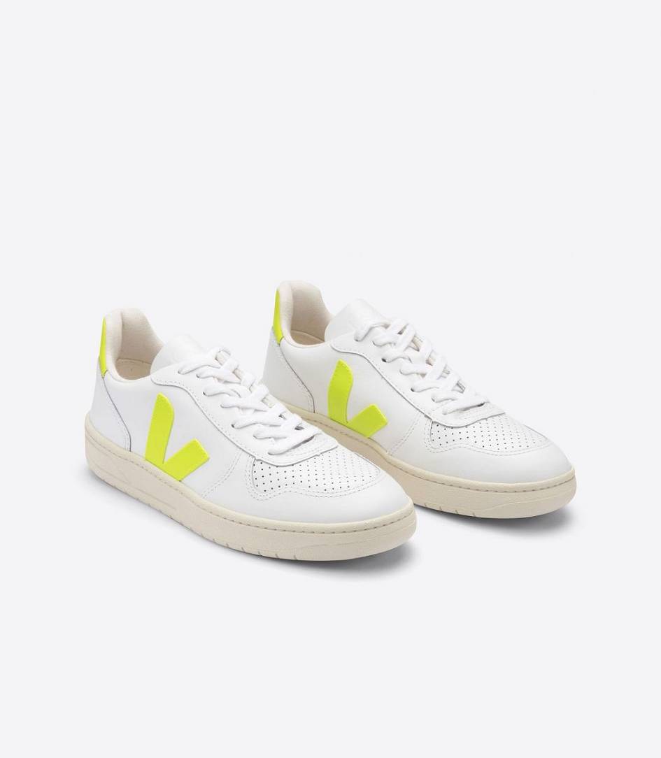 White Jaune-Fluo Women's Veja V-10 Leather Trainers | 60913-UYSV