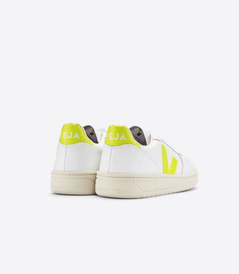 White Jaune-Fluo Women's Veja V-10 Leather Trainers | 60913-UYSV