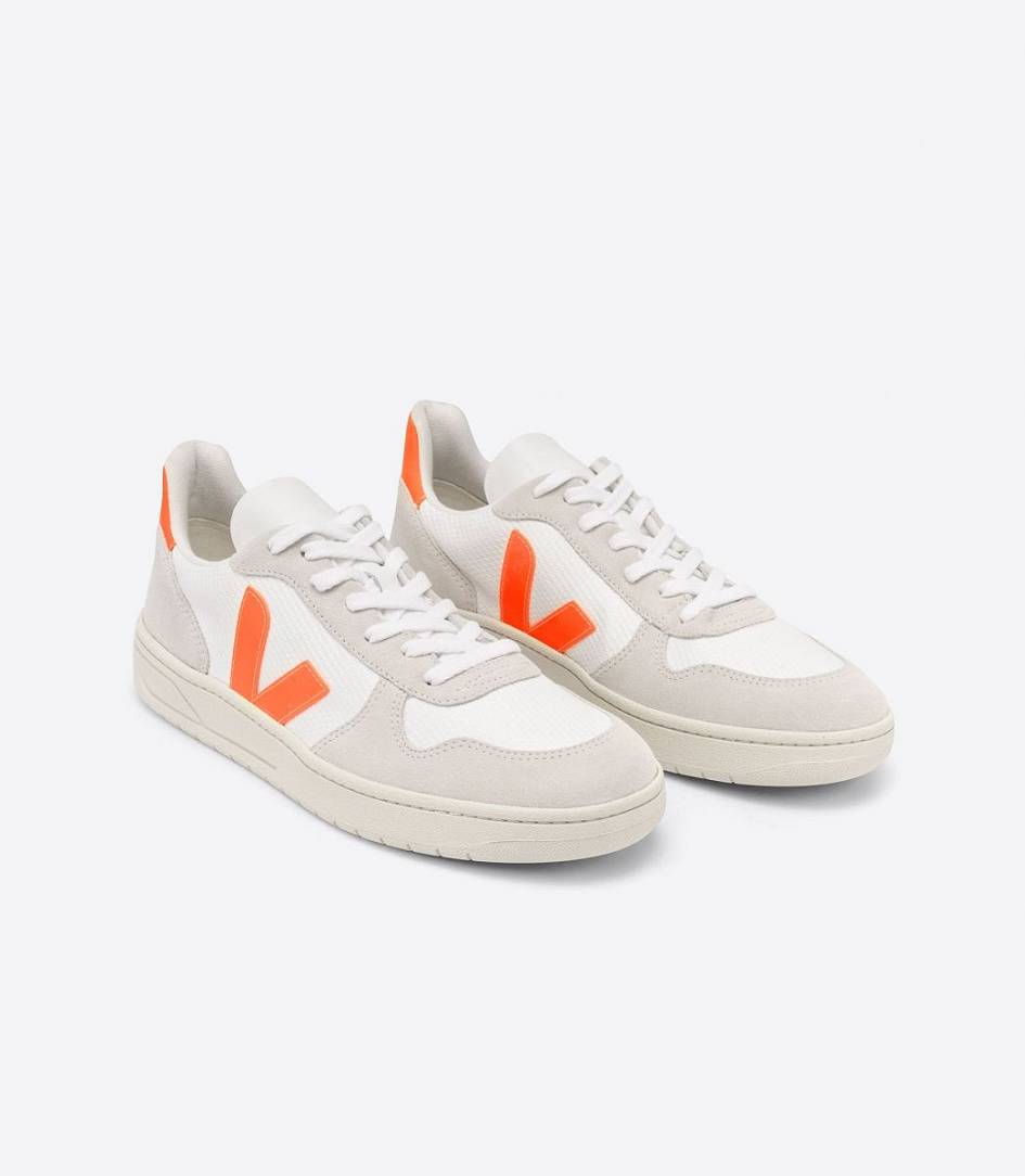 White Natural Orange-Fluo Women's Veja V-10 B-mesh Sneakers | 70685-DQXL