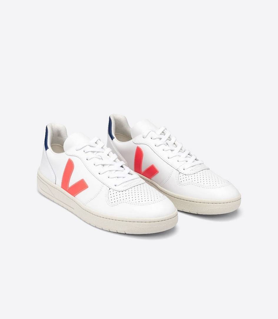 White Orange-Fluo Cobalt Women's Veja V-10 Leather Trainers | 30745-VHMO