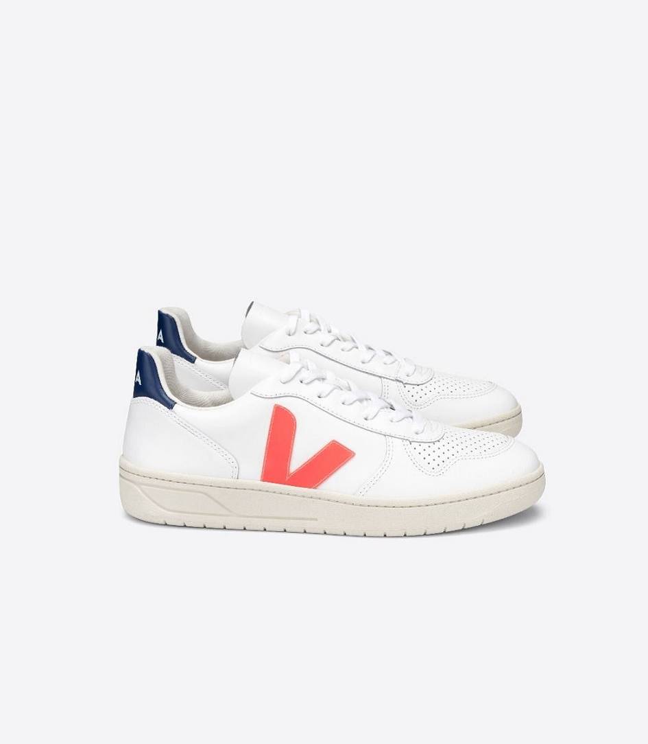 White Orange-Fluo Cobalt Women\'s Veja V-10 Leather Trainers | 30745-VHMO