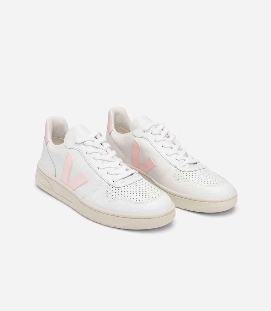 White Petale Rose Fluo Women's Veja V-10 Leather Sneakers | 81952-EGBF