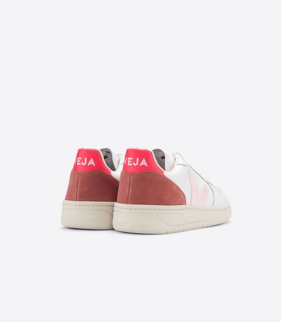 White Petale Rose Fluo Women's Veja V-10 Leather Trainers | 83269-BTKN