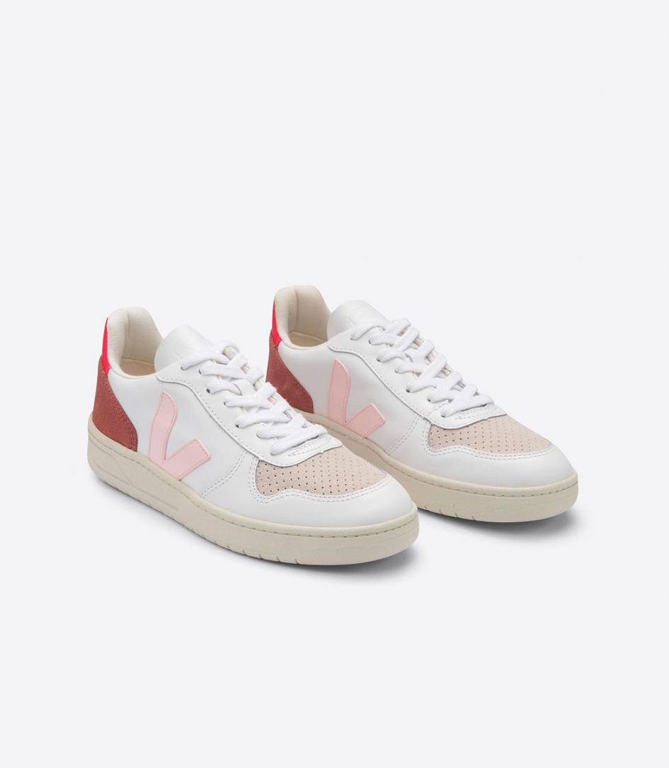 White Petale Rose Fluo Women's Veja V-10 Leather Trainers | 83269-BTKN