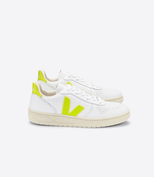 White Jaune-Fluo Women's Veja V-10 Leather Trainers | 60913-UYSV