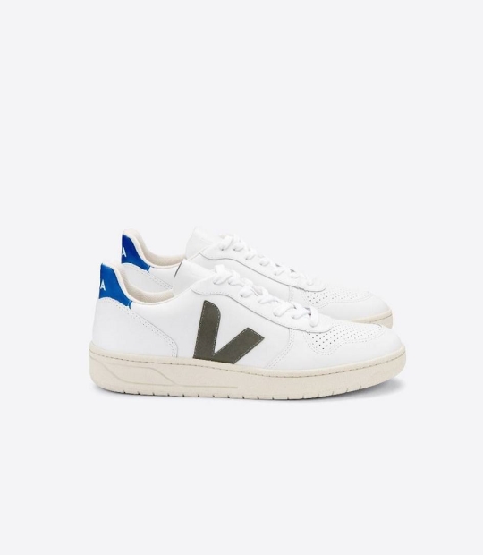 White Kaki Indigo Women's Veja V-10 Leather Trainers | 04562-CTWK