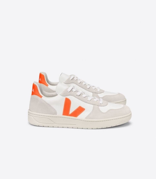 White Natural Orange-Fluo Women's Veja V-10 B-mesh Sneakers | 70685-DQXL