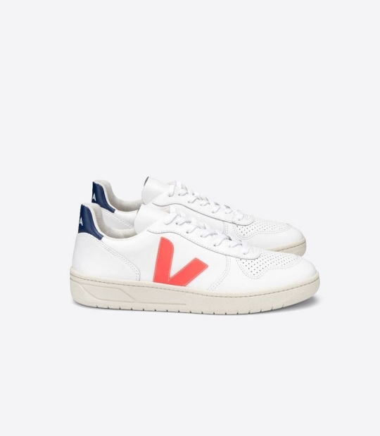 White Orange-Fluo Cobalt Women's Veja V-10 Leather Trainers | 30745-VHMO