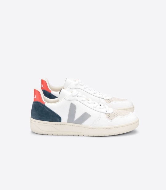 White Oxford Grey Orange Women's Veja V-10 Leather Trainers | 01637-MINJ