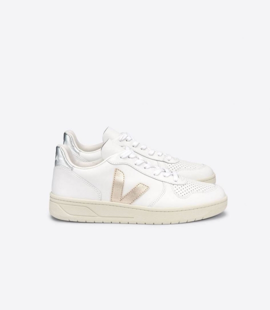 White Petale Rose Fluo Women's Veja V-10 Leather Trainers | 24173-DQFZ