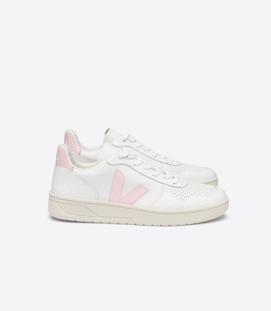 White Petale Rose Fluo Women's Veja V-10 Leather Sneakers | 81952-EGBF