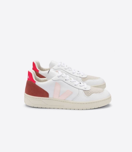 White Petale Rose Fluo Women's Veja V-10 Leather Trainers | 83269-BTKN